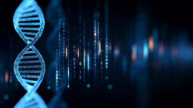 バイナリコードとDNAらせんのデータ解析イメージ｜ゲノム&times;AI医療テクノロジー背景（デジタル解析・AI・ビッグデータ寄り）
