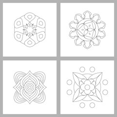 Asian floral mandalas set for adults coloring book. Vector ethnic circular ornaments. Black and white linear illustrations