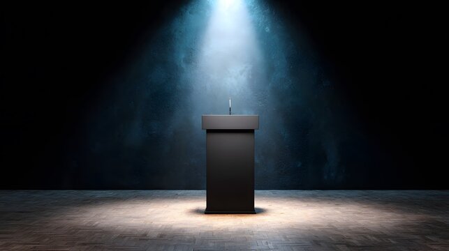 The Podium's Spotlight: An elegant, empty podium stands prominently under a single, dramatic spotlight, conveying anticipation, eloquence, and the promise of a significant address.