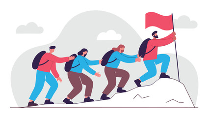 Obraz premium Bearded man leading a diverse team of hikers up a steep mountain, holding a red flag at the forefront.