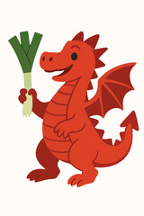 Obraz premium Cute cartoon Welsh red dragon holding a leek in its claw, smiling, standing on hind legs
