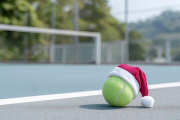 a tennis ball with a christmas hat on the court