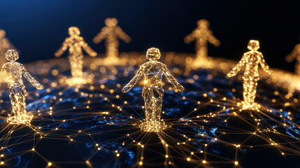 Digital Human Figures Standing on Glowing Connected Network Sphere Global Connectivity Data Exchange and Social Technology Data Driven Civilization