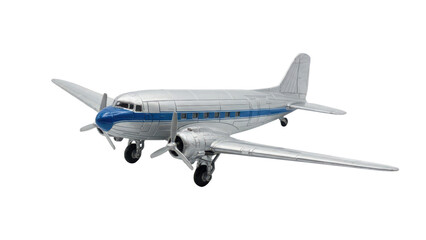 Obraz premium Silver and blue vintage propeller airplane model with two engines and landing gear on white background