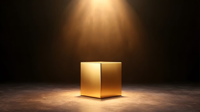 Golden Cube in Spotlight: A singular, lustrous gold cube bathed in the warm glow of a spotlight, poised on a textured surface, offering a versatile visual for concepts like innovation and value.