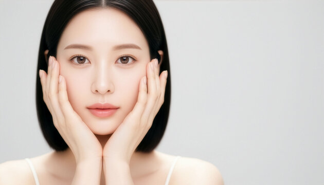 両手で顔を包み込む女性の正面美容ポートレート、潤いとハリを象徴するスキンケア広告向けビジュアル