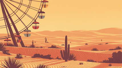 Vibrant desert landscape with ferris wheel cacti and sandy dunes at sunset evoking a sense of adventure and freedom in a warm arid environment © Zubair