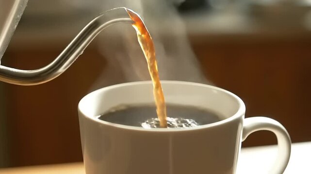 Steaming Hot Coffee Being Poured into Mug.