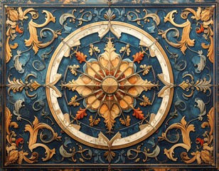 A detailed ornate design with a central flower motif on a blue background
