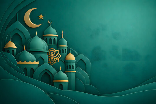 Elegant Emerald Islamic Paper Cut Background with Gold Accents and Asymmetrical Architectural Layers