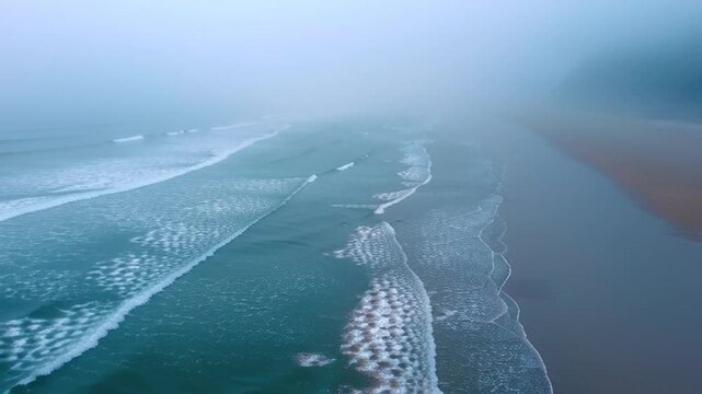 Foggy Ocean Waves Crashing on Sandy Beach Shore Aerial View