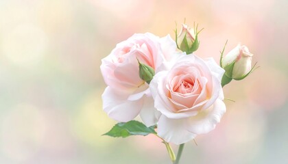 A close-up of two pale roses with buds and green leaves against a blurred background