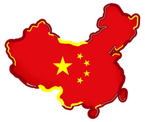map of China, simplified shape of the chinese map with the colors as the flag of China, isolated, yellow color accents