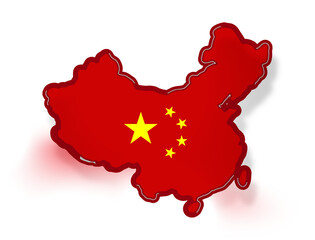 map of China, simplified shape of the chinese map with the colors as the flag of China, isolated, red shadow creative abstract