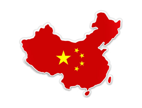 map of China, simplified shape of the chinese map with the colors as the flag of China, isolated, white padding with 3d effect shadow