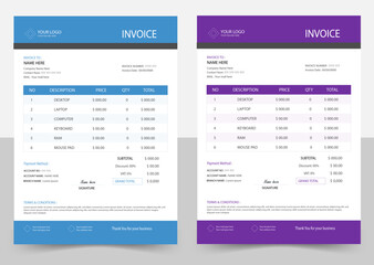 Obraz premium Minimalist Business Invoice Template - Professional Billing Form with Blue and Purple Accents for Corporate Identity.
