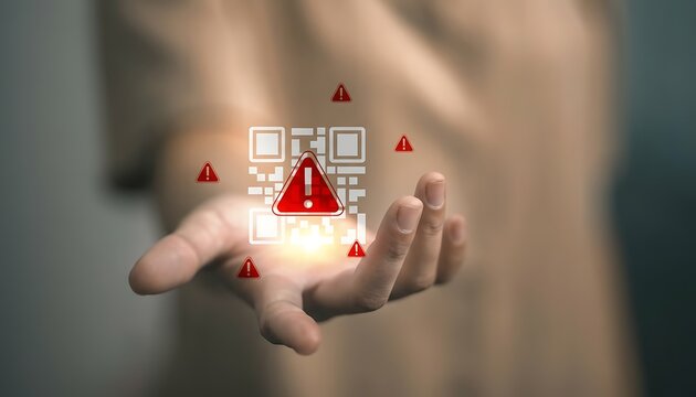Person holding a QR code with warning signs, representing data risk and security threats
