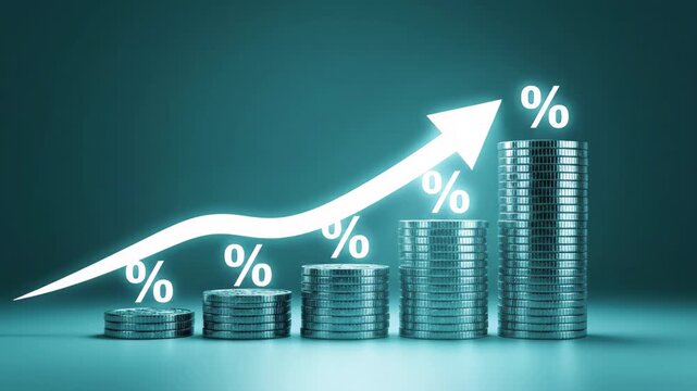 Growing stack of coins illustrating interest rate increase with percentage signs and upward arrow