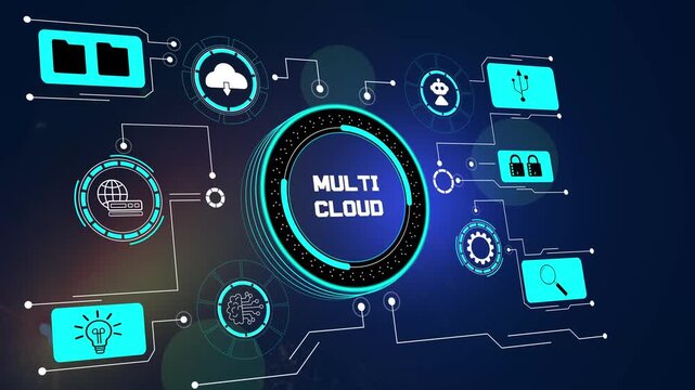 Multi cloud environment concept, featuring diverse cloud provider integration and data redundancy, for enterprise tech videos