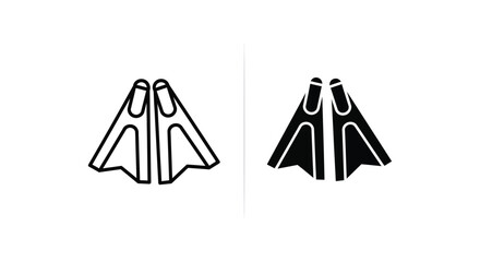 Pair of minimalist diving fins icons featuring outline and solid silhouette styles for scuba diving, snorkeling, and underwater sports equipment design © JAKEYA