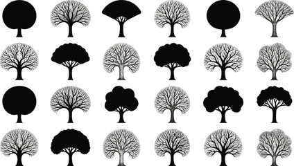 Obraz premium Tree silhouette vector set, isolated black and white forest plant icons with round and deciduous shapes for nature landscape design and environment.