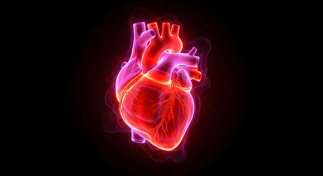 Vibrant glowing human heart illustration with intricate details on a dark background.