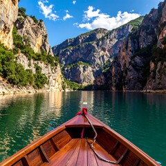 A serene lake surrounded by rocky cliffs and lush greenery under a blue sky