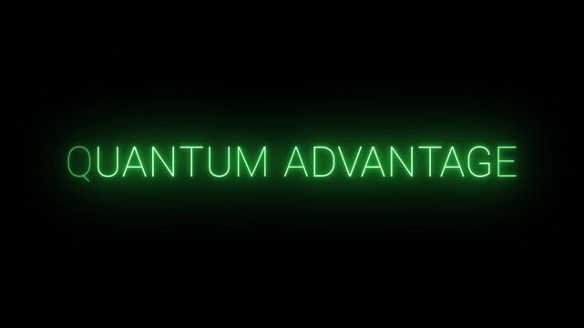 Flickering neon green glowing quantum advantage sign animated black background.