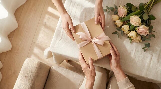 Hands giving Mother's Day gift from above