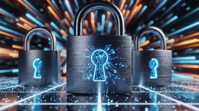Digital security concept with three padlocks and glowing circuit keyholes