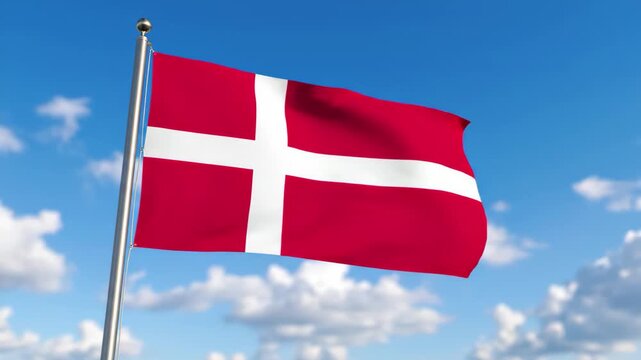 Waving flag of denmark on a flagpole against a blue sky with clouds