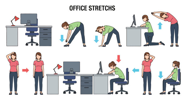 Series of office stretches and desk exercises shown for workplace wellness.