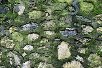 Close-up photograph of a moss-covered stone masonry wall
