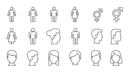 Fototapeta premium Collection of diverse human icons and accessibility symbols in simple line drawings.