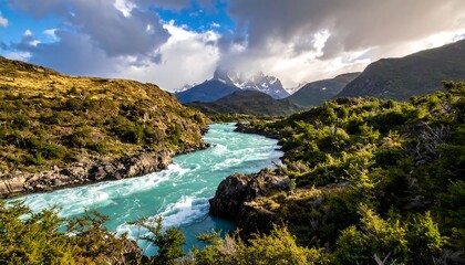 A serene river flows through a rugged landscape under a cloudy sky
