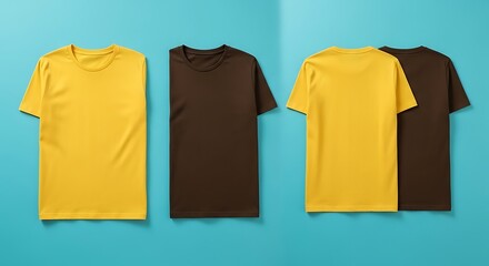 Yellow and Brown T Shirts on Blue Background Mockup