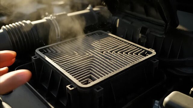 Mechanic hands servicing car air filter in engine