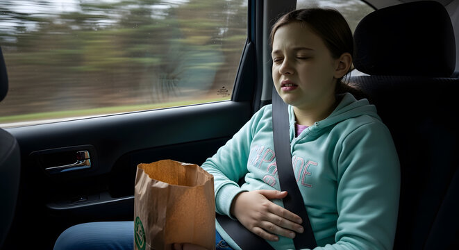 A young girl feeling nauseous and dizzy while sitting in a car seat