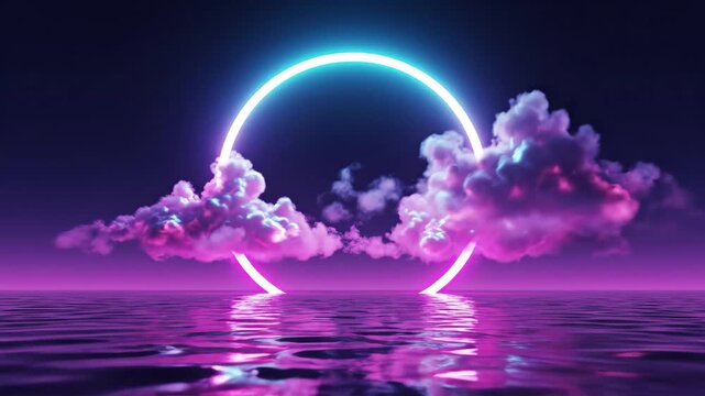 Neon ring portal over water with pink and blue clouds at night