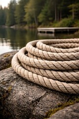 Fototapeta premium Thick Rope Coiled on a Rock by a Lake nautical marine