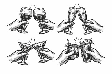 Hand drawn chalk cheers. Hands with wine, champagne glass, cocktails drawings for wedding invitations, menus and parties. Doodle art template. Clipart vintage ink doodle sketch style © Bibi