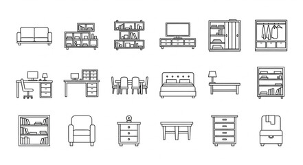 Collection of Hand Drawn Furniture Icons for Interior Design.