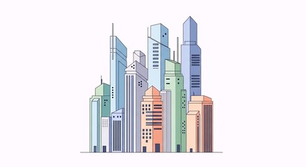 Obraz premium Modern city skyline illustration with a diverse collection of architectural structures, showcasing a vibrant urban landscape in a clean, minimalist style