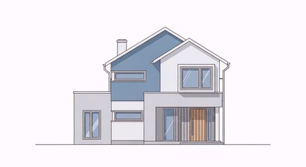 Modern two-story family house with blue accents and large windows, contemporary residential architecture design