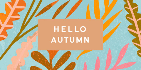 A colorful autumn greeting with leaves and a central text label © Sabuj