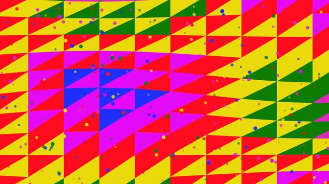 A seamless mosaic illustration features an abstract geometric pattern of colorful triangles and blue squares in a retro vector art style for a decorative wallpaper backdrop