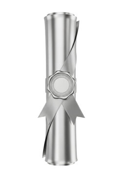 luminous metallic silver achievement scroll sealed with a wide satin ribbon and detailed heraldic emblem, centered on a high-key white background. concept of academic achievement and prestige