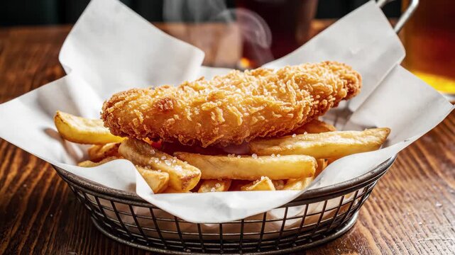 Golden fried fish and chips served hot in a wire basket with coarse salt