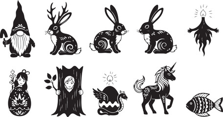 Black and white of gnome, rabbits, tree, mermaid, unicorn, and fish © MdAbu