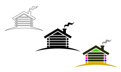 Obraz premium Three log cabin icon designs featuring rustic wooden house silhouettes with chimney smoke, perfect for real estate, tourism, and countryside lodge branding concepts.